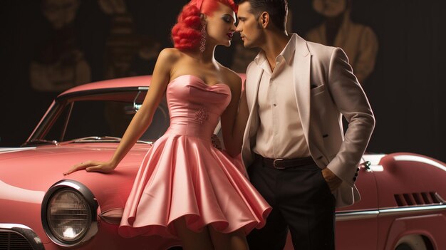 Teddyboy y una chica pinup rockabilly bailando frente a un hotrod aislado en un fondo blanco