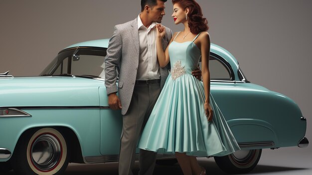 Teddyboy und ein Rockabilly-Pinup-Chick tanzen vor einem Hotrod, das auf einem weißen Hintergrund isoliert ist