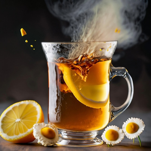 Tee auf einem Glas mit orangefarbenem Hintergrund