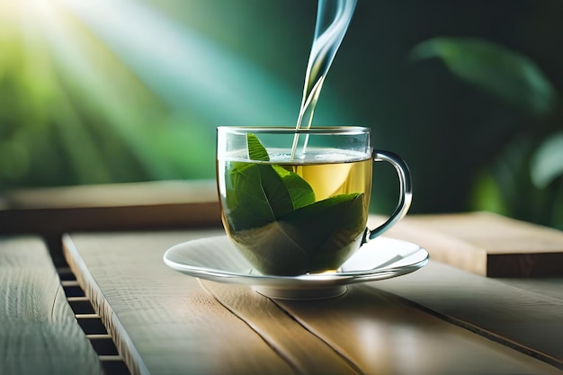 Foto tee in einer teetasse mit einer grünen teetasse auf dem tisch.