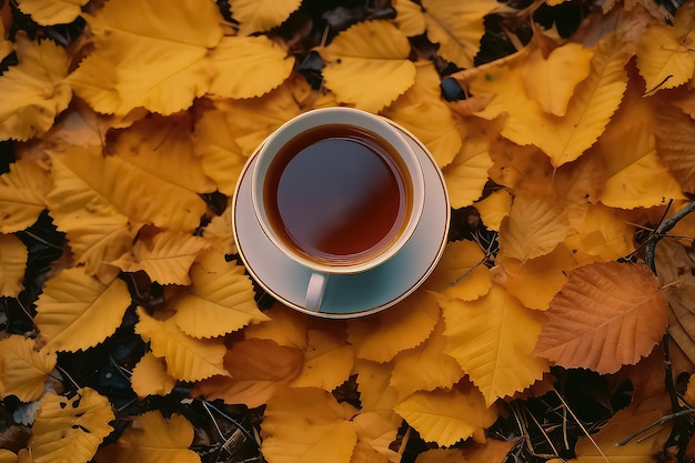 Tee mit Honig und Gewürzen auf Herbstblättern, PostkartenkonzeptAI