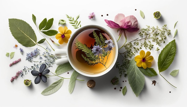 Tee mit Kräutern und Blumen in einer Tasse Draufsicht Generative AI