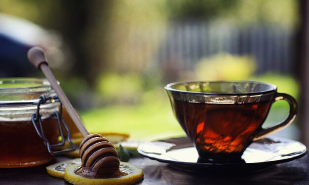 Tee mit Zitrone und Minze in der Natur. Eine Tasse heißen Minztee mit Zitrone und Honig im Glas. Zitronenscheiben und ein Löffel mit Honig zum heißen Tee.