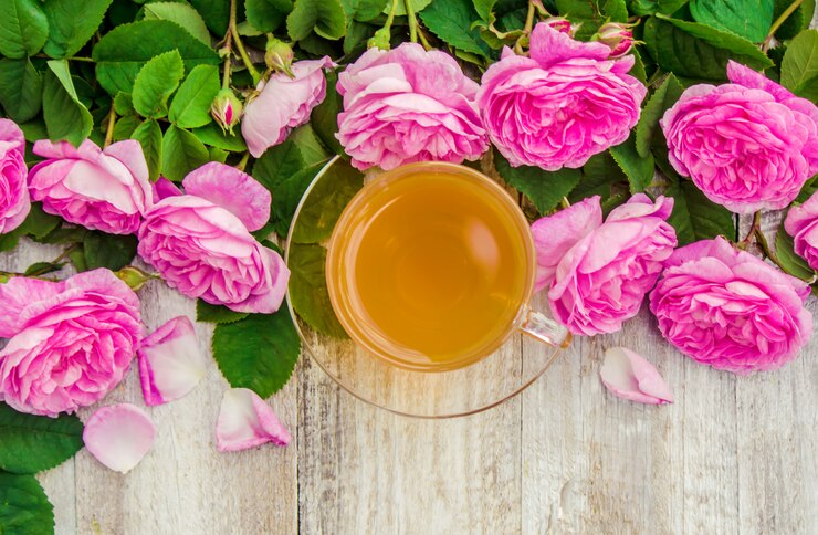 Foto tee, tee rose, rose, tiefenschärfe. natur.