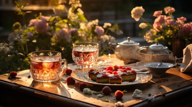 Tee und Kuchen im Garten bei Sonnenuntergang am Abend