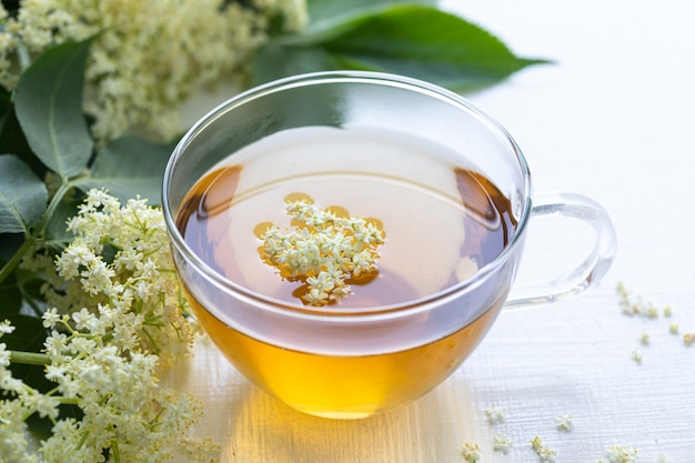 Tee und Sirup von Holunderblüten Sambucus auf einem weißen Hintergrund