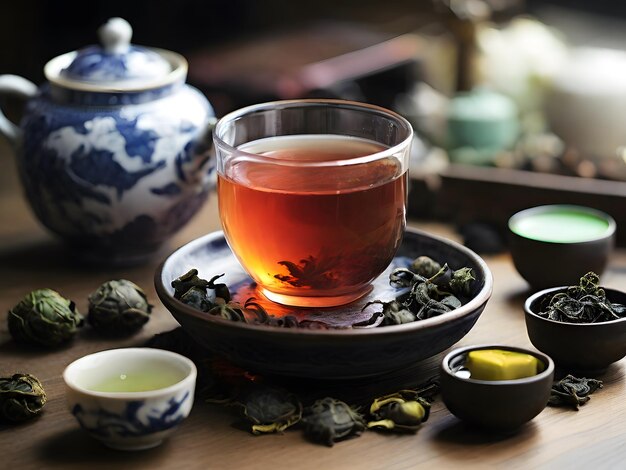 Tee-Zeremonie Teekanne und Tasse Tee auf einem Holztisch