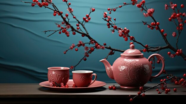 Tee-Zweig-Set in der Nähe von Red Paper Happy New Year Hintergrund Hd Hintergrund