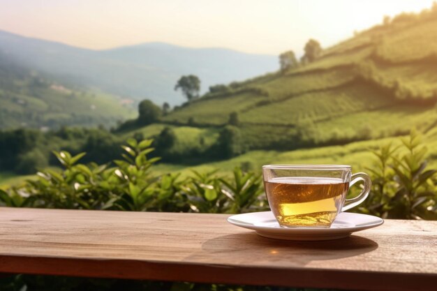 Teebecher mit auf dem Holztisch und der Teeplantage auf verschwommenem Hintergrund Generative KI