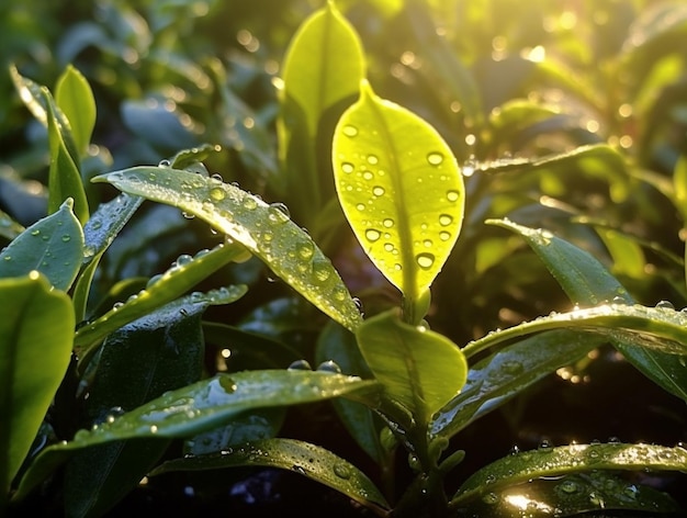 Teeblattfoto mit Tautropfen und Sonnenschein, KI generiert