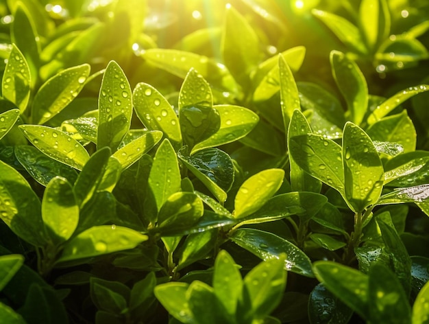 Teeblattfoto mit Tautropfen und Sonnenschein, KI generiert