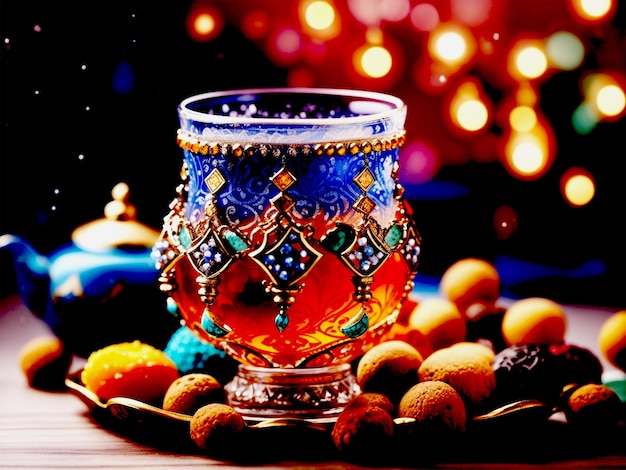 Foto teeglas mit östlichen süßigkeiten und perlen eid mubarak arabische ramadan dekoration ramadan aquarell