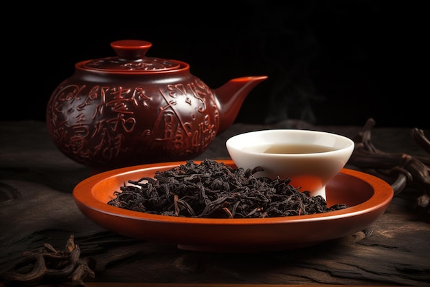 Teekanne Da Hong Pao Chinesische Teeblätter und ein heißes Getränk in einer Tasse Nahaufnahme der asiatischen Teezeremonie Generative KI