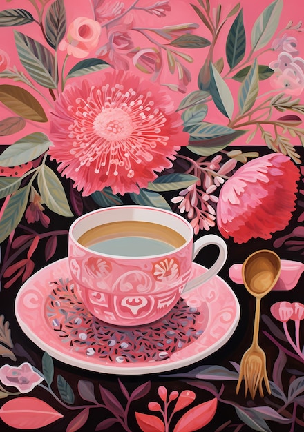 Teekanne rosa Hintergrund Tee Getränk Getränk Design Tasse Blume weiß Frühstück isoliert con