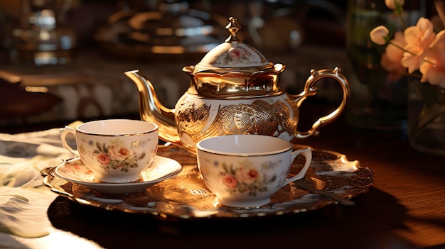 Teekanne und Teetassen auf einem gemütlichen Tablett