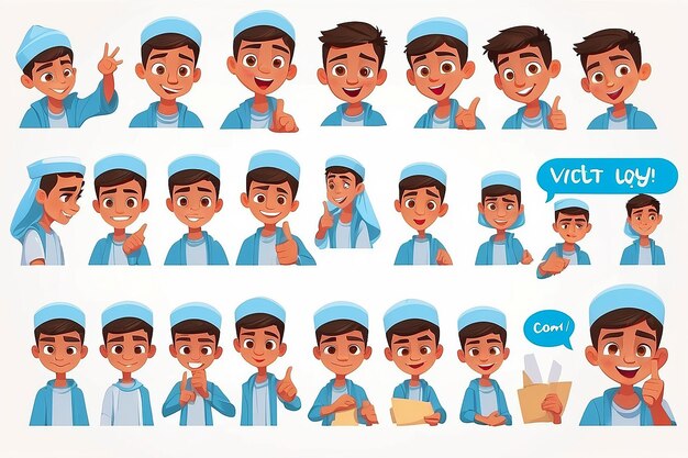 Teen Boy Vector Animation Creation Set Gesichtsemotionen Gesten Arabische muslimische emotionale Pose