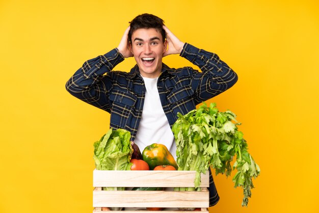Teenager-Bauernmann mit frisch gepflücktem Gemüse in einer Schachtel mit überraschendem Gesichtsausdruck