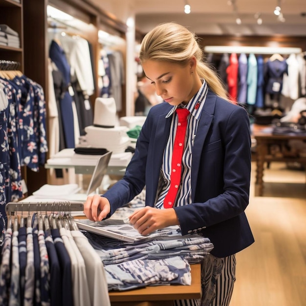 Teenager-Boutique-Assistent mit Tablet-Computer im Laden