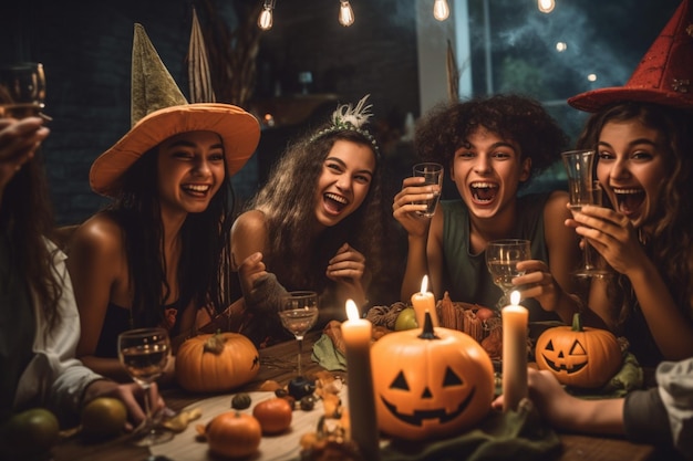 Teenager-Freunde in Kostümen feiern und haben Spaß auf der Halloween-Party. Menschen zu Halloween