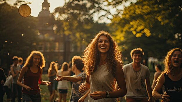 Teenager-Freunde laufen und lachen, während sie in einem sonnigen Park Frisbee spielen