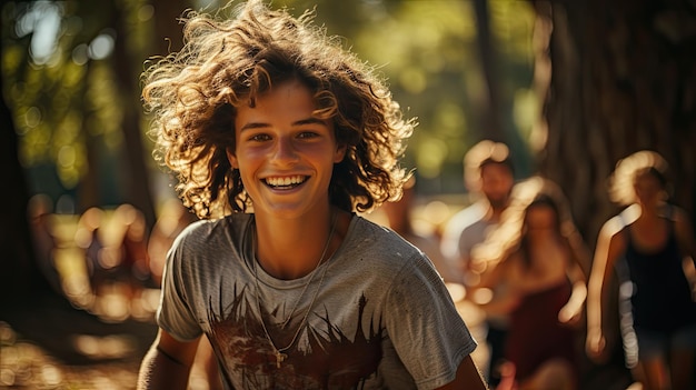 Teenager-Freunde laufen und lachen, während sie in einem sonnigen Park Frisbee spielen