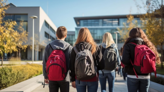 Teenager gehen in die Schule, gesehen von hinten, erzeugt mit AI.