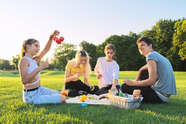 Teenager haben Spaß bei einem Picknick im Park auf dem Rasen