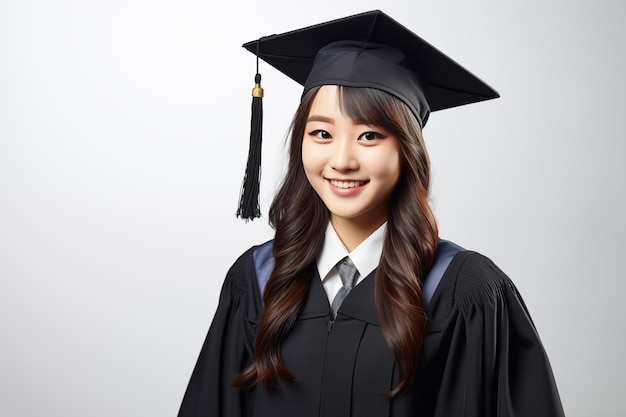 Teenager hübsches japanisches Mädchen über isolierten weißen Hintergrund Kleidung Universitätsabsolventen Kleidung