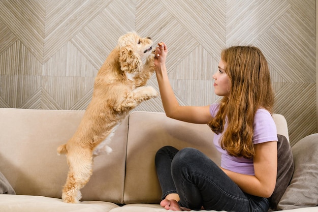 Teenager-Mädchen füttert ihren Hund mit der Hand auf dem Sofa