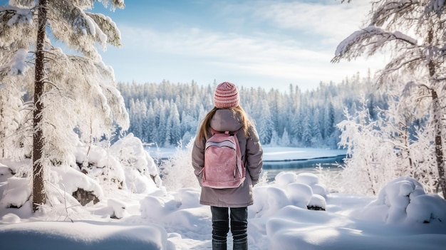 Teenager-Mädchen genießt die Wintersaison draußen im Schnee Mädchen genießt den frostigen Wintertag