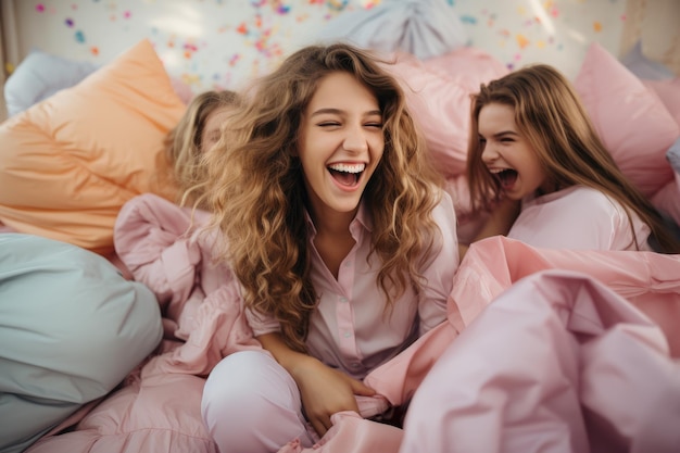 Foto teenager-mädchen im hellen pyjama mit freunden im pastellfarbenen schlafzimmer, das von der ki erzeugt wurde