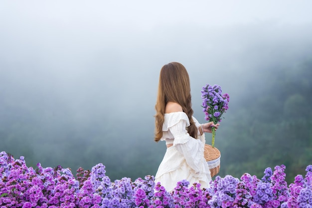 Teenager-Mädchen in einem Blumengarten, junges glückliches asiatisches Mädchen in Margaret Aster Blumenfeld in garde