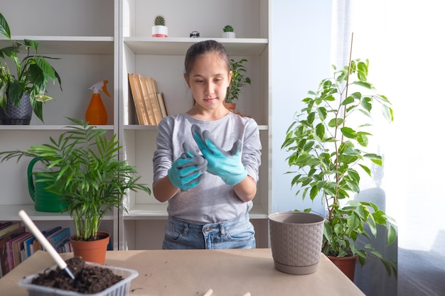 Teenager Mädchen kümmert sich um Transplantationen Blumen zieht Handschuhe an Hausgartenkonzept