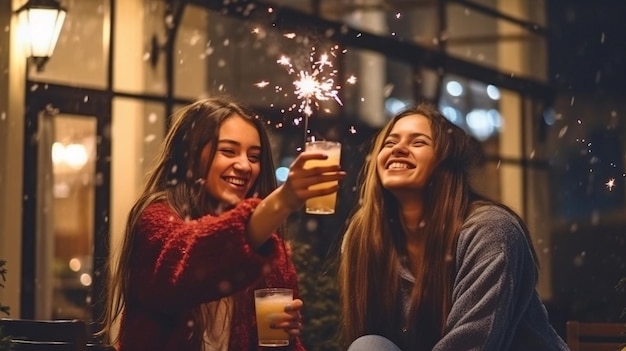 Teenager-Mädchen pusten Konfetti aus ihren Händen. Freunde versammeln sich auf einer Terrasse, um abends die generative KI zu feiern