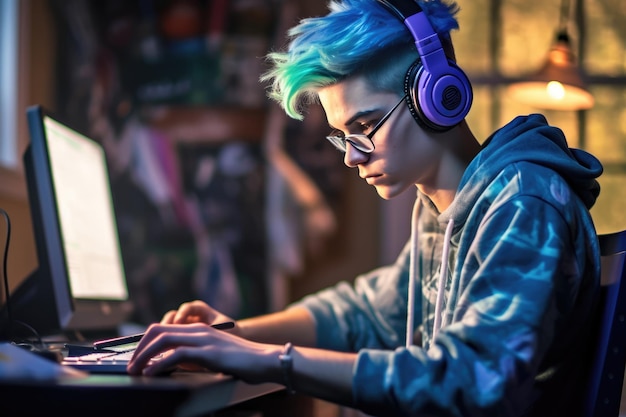 Teenager mit blauen Haaren studiert zu Hause Computer KI Generierte Inhalte
