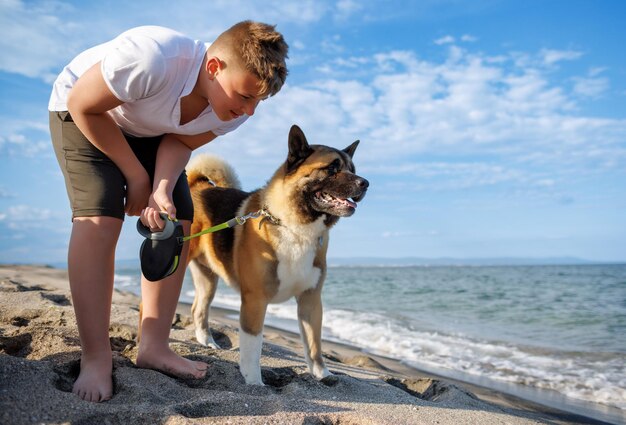 Teenager mit blonden Haaren und Leine in den Händen spielt und geht mit dem Hund der Rasse Akina Inu am wilden Strand am Schwarzen Meer spazieren