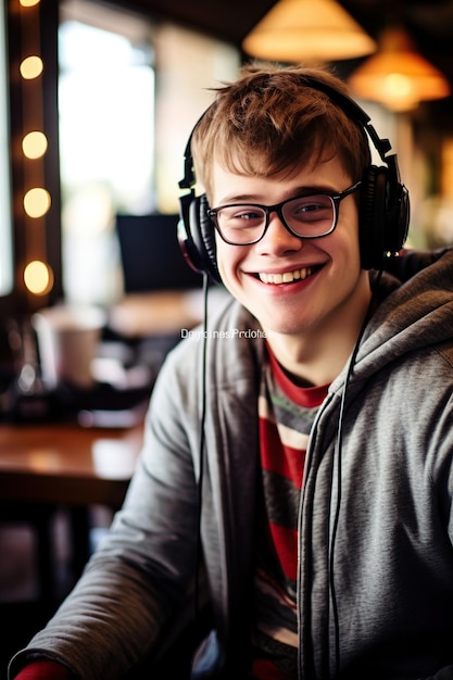 Teenager mit Down39-Syndrom trägt Kopfhörer, die von AI generiert wurden