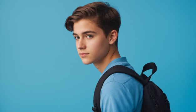 Teenager mit einem Rucksack auf blauem Hintergrund