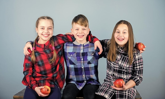 Teenager mit gesundem Snack Gesunde Ernährung und Vitaminernährung Obst essen und gesund sein Kinderfreunde umarmen einander Gesunder Lebensstil Jungen- und Mädchenfreunde in ähnlichen karierten Kleidern essen Apfel