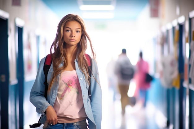 Teenager mit Rucksack im Gang der Highschool