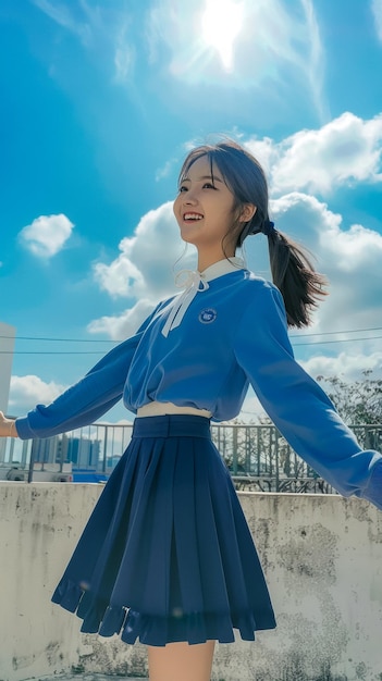Teenager tragen thailändische Studentenuniform mit langen Ärmeln Lächeln sehen Himmel und Sonne