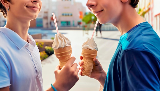 Teenager trinken Milchshakes und Eiscreme