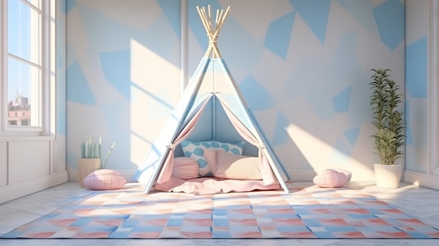 Teepee de picnic interior con un piso de colchón de patchwork en