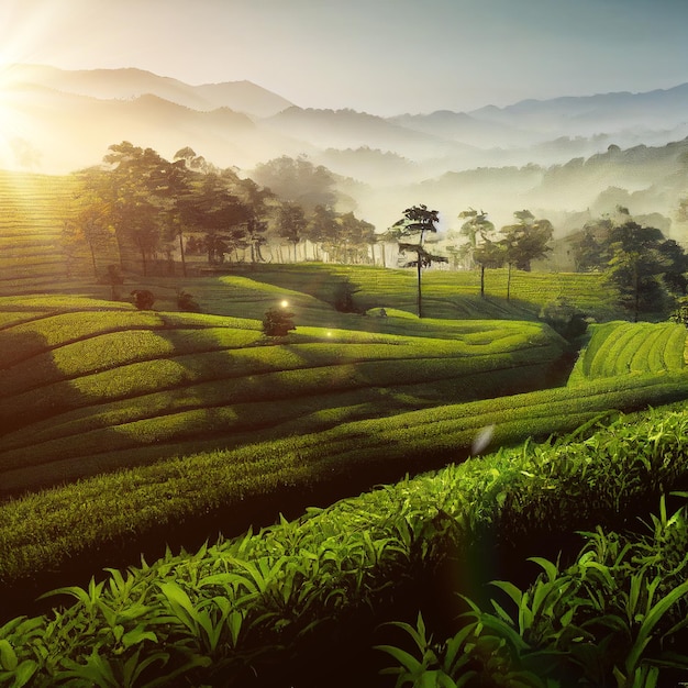 Teeplantagen auf Hügeln im Morgenlicht schöne grüne Landschaft Sonnenaufgang der Teeplantage sce