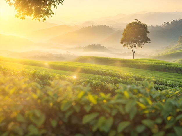 Teeplantagenlandschaft über verschwommenem Bergsonnenuntergang warmer Lichthintergrund KI generiert