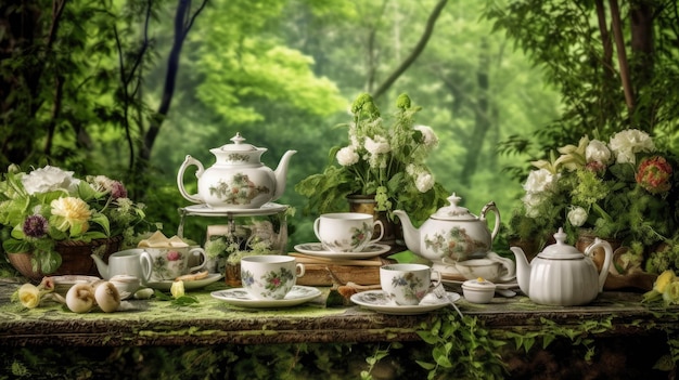 Teeservice in einem Wald mit Blumen