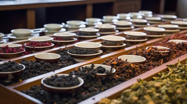 Teesorten in einer Tasse und Blätter heilendes Tonic-Getränk, das von der KI erzeugt wird