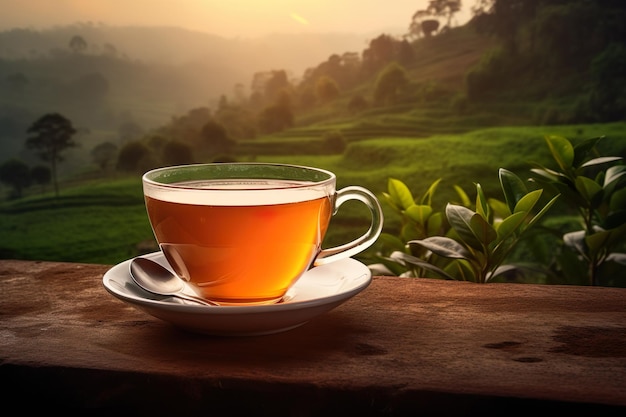 Teetasse mit auf dem Holztisch und dem generativen ai des Teeplantagenhintergrundes