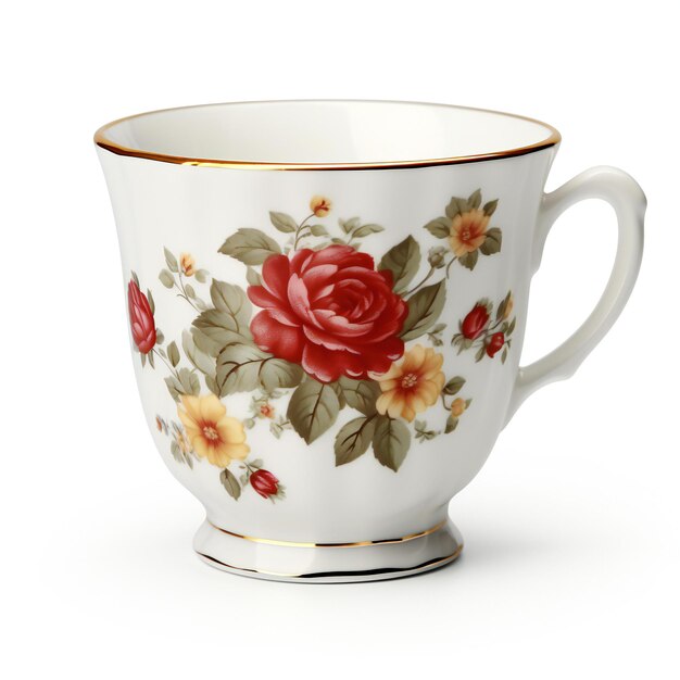 Foto teetasse mit blumigem muster auf weißem hintergrund