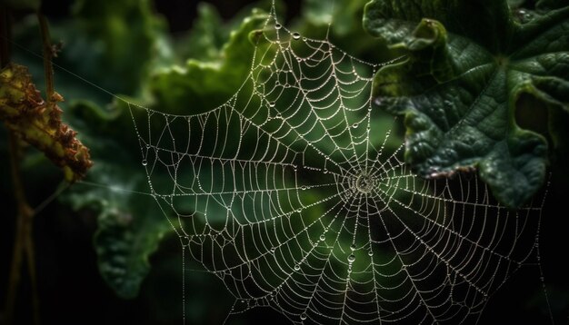 Teia de aranha brilha com orvalho na natureza gerado por IA